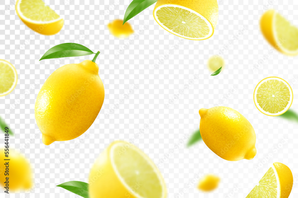Lemon citrus background. Flying Lemon with green leaf on transparent ...