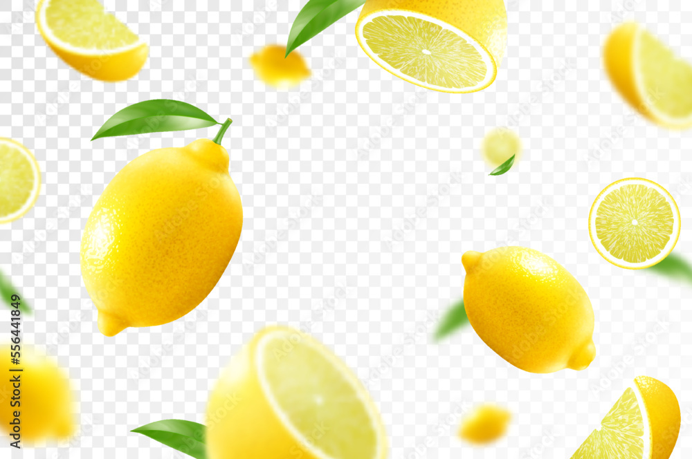 Lemon Citrus Background Flying Lemon With Green Leaf On Transparent 