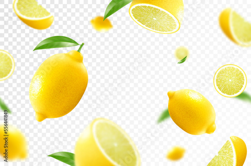 Lemon citrus background. Flying Lemon with green leaf on transparent background. Lemon falling from different angles. Focused and blurry fruits. Realistic 3d vector illustration .