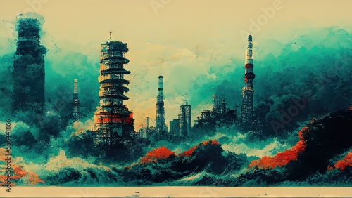 Elegant, elegant, dramatic and luxurious Japanese style Katsushika Hokusai style graphic elements of concept art of a distant view of a futuristic city enveloped by a tsunami generated by Ai