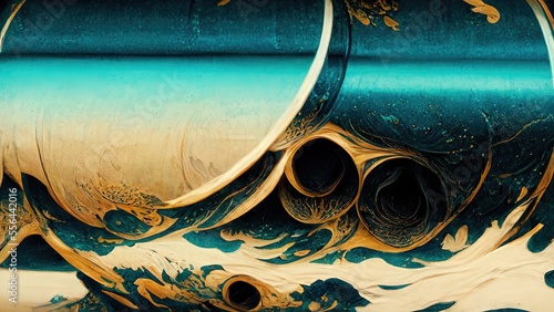 Elegant, elegant, dramatic and luxurious Japanese style Katsushika Hokusai style graphic elements of dynamic waves of dark green, gold and cream generated by Ai