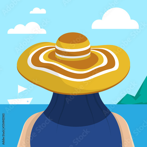 Young girl in wide brimmed hat looks at sea. Back view. Seascape, vacation at beach resort. Flat cartoon vector illustration