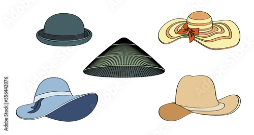 Set of women and men headwear hats with wide round brim. Protection of head from the sun. Simple cartoon vector isolated on white background