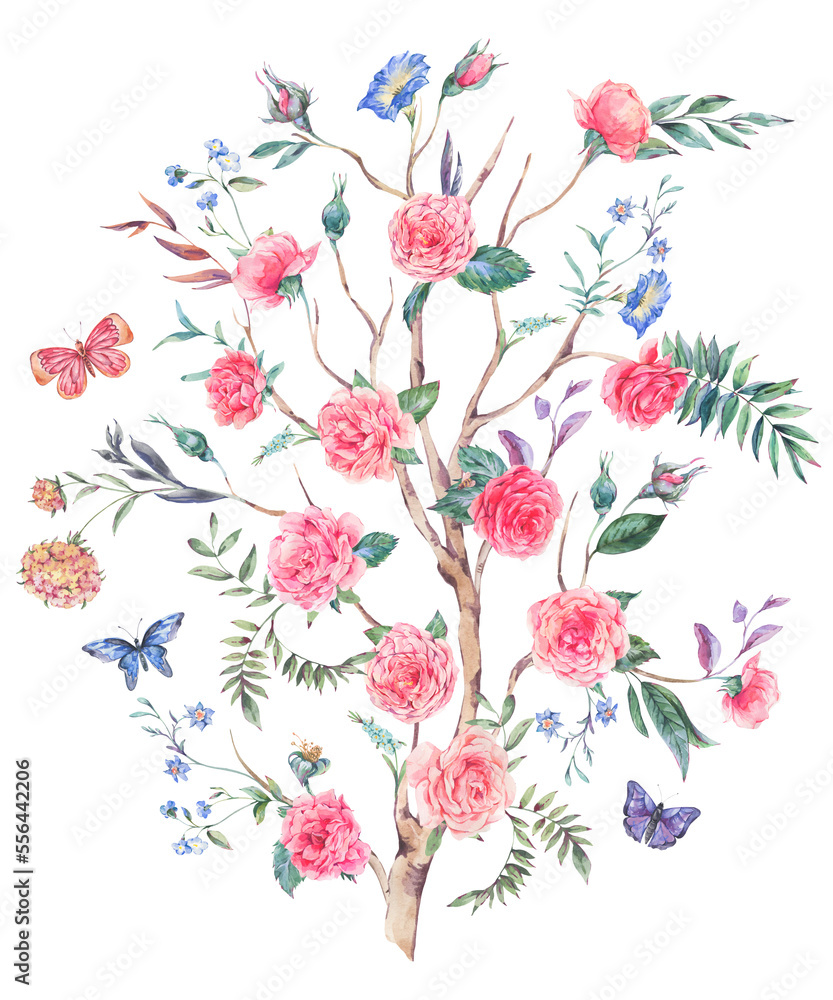 Watercolor garden rose bouquet, blooming tree, Chinoiserie illustration isolated on white