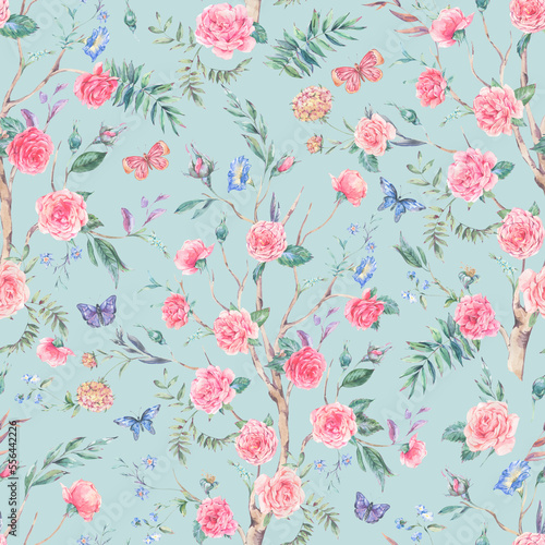 Watercolor garden rose bouquet, blooming tree seamless pattern, Chinoiserie floral texture on blue