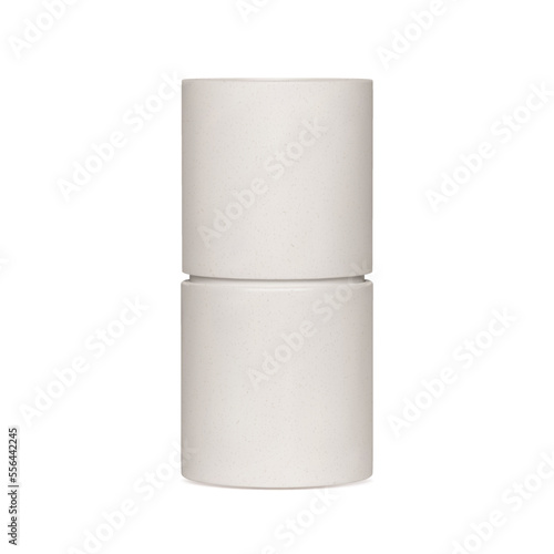White paper tube package mockup on white background. Blank craft carton circular realistic box with grainy texture. Cylindrical container with cap for product branding. Vector illustration