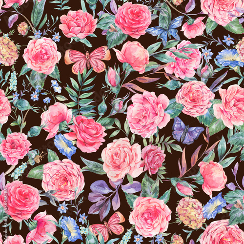 Watercolor vintage garden pink rose bouquet seamless pattern, botanical floral texture on black