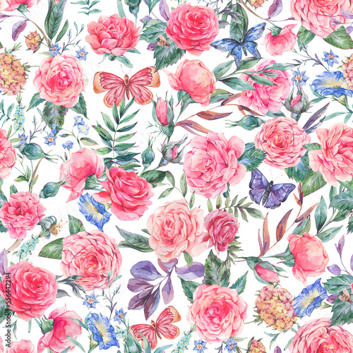 Watercolor vintage garden pink rose bouquet seamless pattern, botanical floral texture on white