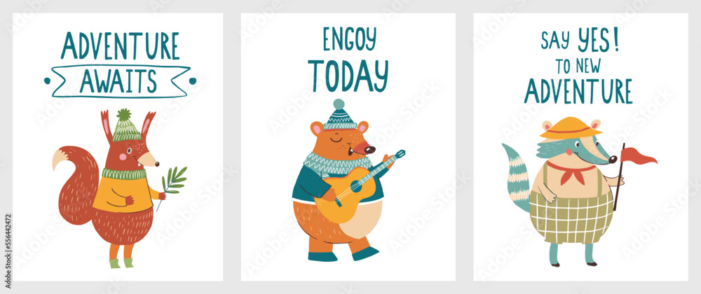 Fototapeta premium children's poster with cute forest animals on a hike with a bear raccoon squirrel for a children's room