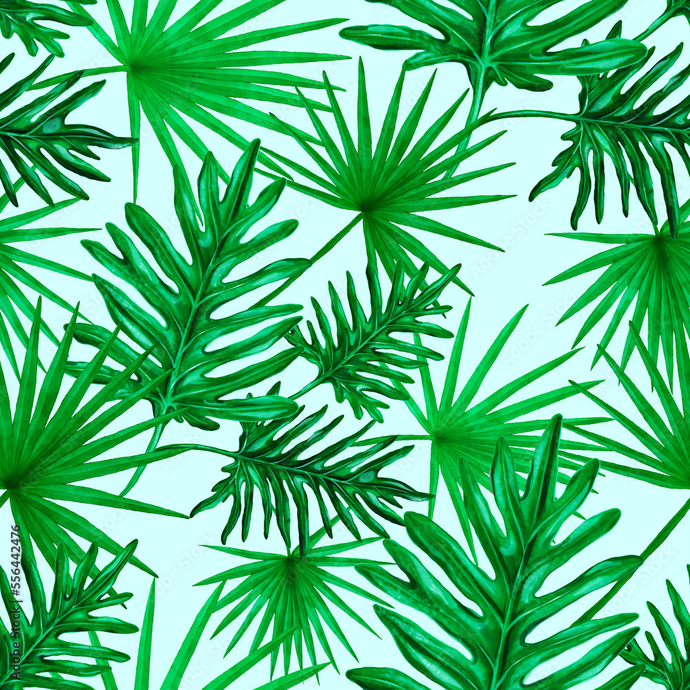 Watercolor seamless pattern with tropical leaves. Beautiful allover print with hand drawn exotic plants. Swimwear botanical design.