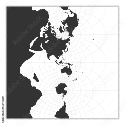 Vector world map. Transverse spherical Mercator projection. Plain world geographical map with latitude and longitude lines. Centered to 120deg W longitude. Vector illustration.