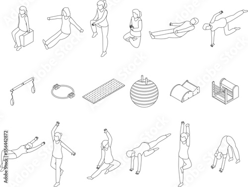 Pilates icons set. Isometric set of pilates vector icons for web design isolated on white background outline