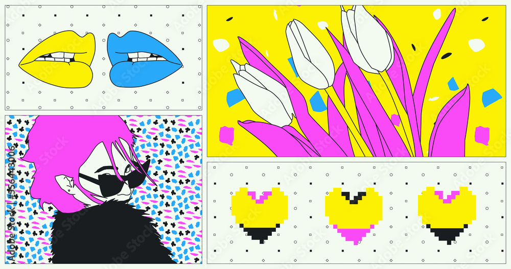 Fototapeta premium Fashion illustration. Comic collage set. Trendy retro design. Lady Vintage disco girl, back in 80s