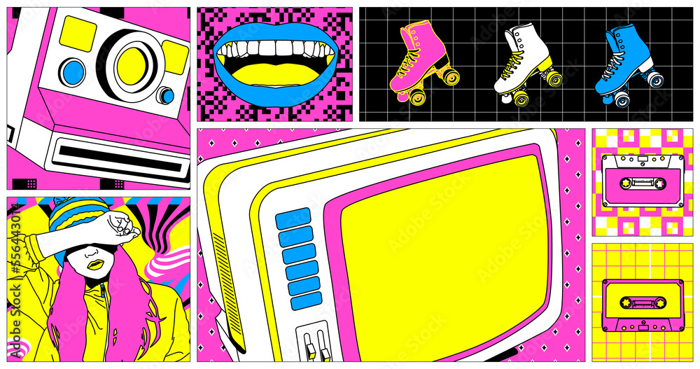 Fototapeta premium Fashion illustration. Comic collage set. Trendy retro design. Vintage disco mood, back in 80s