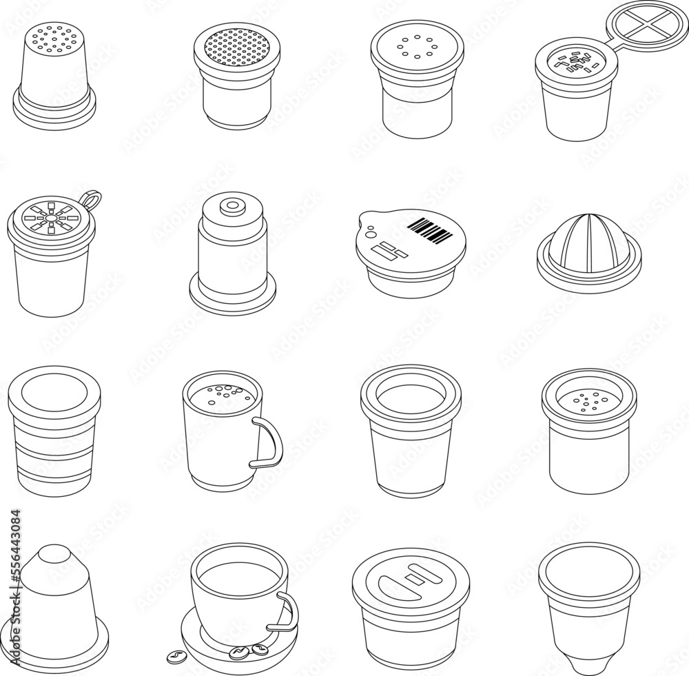 Capsule coffee icons set. Isometric set of capsule coffee vector icons for web design isolated on white background outline Capsule coffee icons set. Isometric set of capsule coffee vector icons for web design isolated on white background outline