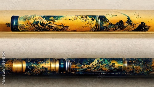 Ukiyo-e graphics in gold and dark green CylinderElegant, elegant, dramatic and luxurious Japanese style Katsushika Hokusai style graphic elements generated by Ai