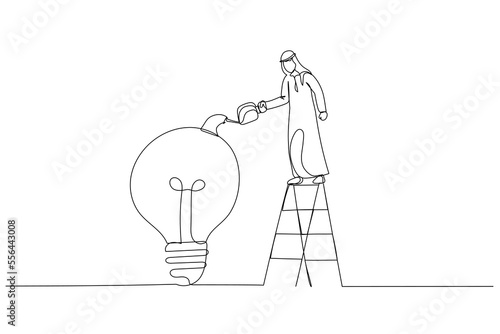 Cartoon of arab muslim businessman on ladder watering to fill in liquid in idea light bulb concept of idea development. Continuous line art style