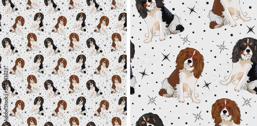 Pattern design with cavalier king charles spaniels and stars, seamless pattern. Repeatable textile, wrapping paper,  backdrop. Christmas, birthday, holiday, winter wallpaper with cute spaniel dogs.