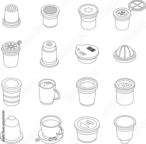 Capsule coffee icons set. Isometric set of capsule coffee vector icons for web design isolated on white background outline