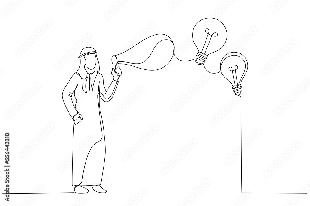 Drawing of arab muslim businessman blowing soap bubble into innovation bright light bulb ideas metaphor of creativity. One line art style Drawing of arab muslim businessman blowing soap bubble into innovation bright light bulb ideas metaphor of creativity. One line art style