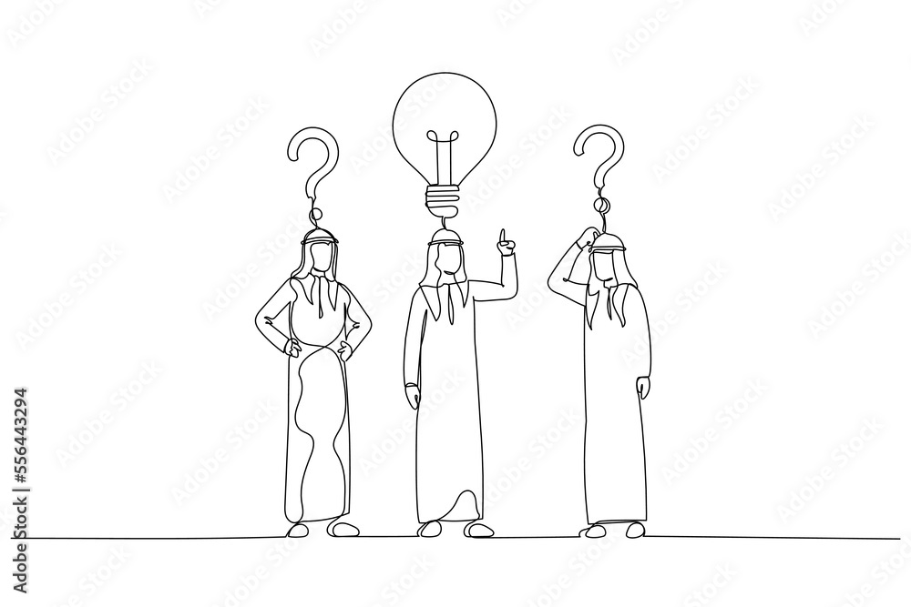 Illustration of arab muslim businessman with question sings and lamp idea concept of find right decision. Continuous line art style Illustration of arab muslim businessman with question sings and lamp idea concept of find right decision. Continuous line art style