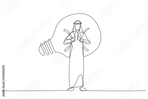 Illustration of arab muslim businessman carry idea concept creating business opportunity. Single continuous line art style
