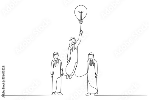Cartoon of arab muslim businessman rising on bulb balloon try to find opportunity. Single line art style