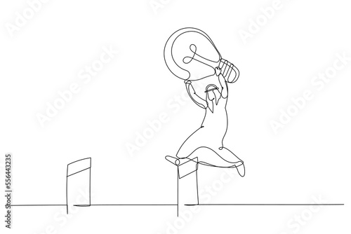 Illustration of arab muslim businessman jumping over hurdle. Continuous line art