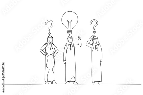 Illustration of arab muslim businessman with question sings and lamp idea concept of find right decision. Continuous line art style