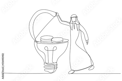 Cartoon of arab muslim businessman open bright lightbulb idea and found money coins. Single continuous line art style