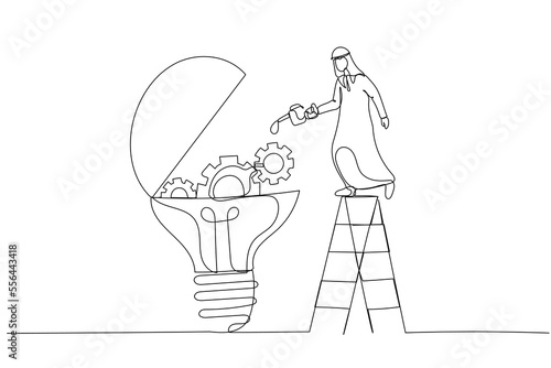 Drawing of arab muslim businessman drop lubricant or grease into mechanical gears lightbulb  concept of creativity. Continuous line art