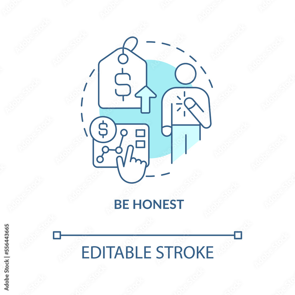 Be honest blue concept icon. Explain reason sincerely. Tactic for raising prices abstract idea thin line illustration. Isolated outline drawing. Editable stroke. Arial, Myriad Pro-Bold fonts used Be honest blue concept icon. Explain reason sincerely. Tactic for raising prices abstract idea thin line illustration. Isolated outline drawing. Editable stroke. Arial, Myriad Pro-Bold fonts used