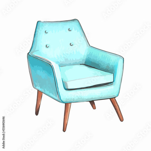 Hand drawn watercolor illustration. Blue textile vintage armchair.