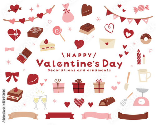 バレンタインデーの手描き風飾りイラストのセット　アイコン　リボン　装飾　チョコレート　ケーキ　お菓子