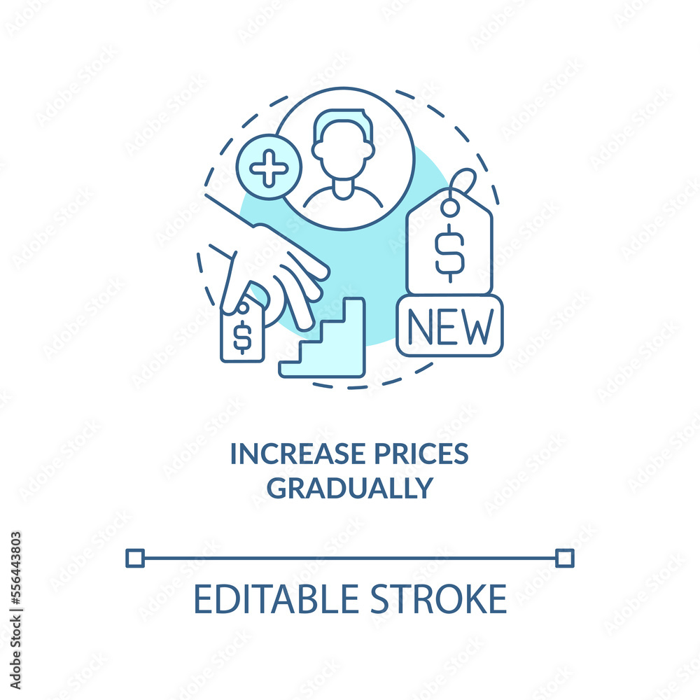Increase prices gradually blue concept icon. Differentiate customers. Raising prices abstract idea thin line illustration. Isolated outline drawing. Editable stroke. Arial, Myriad Pro-Bold fonts used Increase prices gradually blue concept icon. Differentiate customers. Raising prices abstract idea thin line illustration. Isolated outline drawing. Editable stroke. Arial, Myriad Pro-Bold fonts used