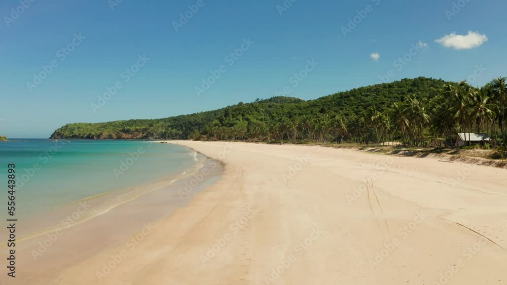 Aerial view of tropical island with sandy beach. Nacpan, El Nido, Palawan, Philippines. Seascapewith sea, sand, palm trees. Summer and travel vacation concept Aerial view of tropical island with sandy beach. Nacpan, El Nido, Palawan, Philippines. Seascapewith sea, sand, palm trees. Summer and travel vacation concept