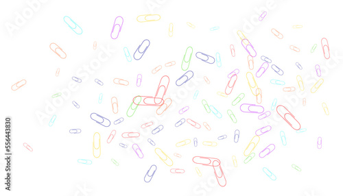 Paper clips are scattered on a white background. Decorative element. Background for design, school and office supplies