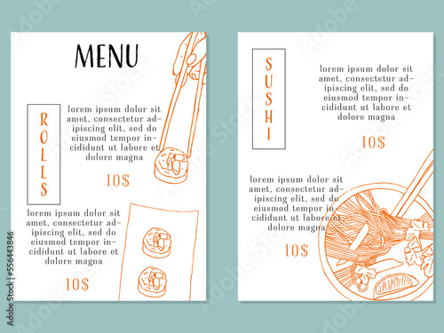 Hand drawn asian food collection with sushi and ramen. creative restaurant and bar menu template.