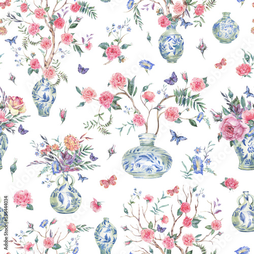 Watercolor garden rose bouquet seamless pattern, blooming tree, Chinese blue vase texture on white