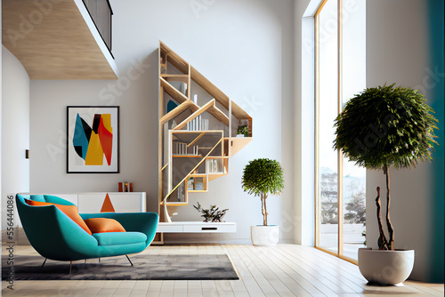 A cozy reading nook with an idyllic view that beckons one to relax and revel in the atmosphere. A lush couch welcomes you for mindful contemplation with a bookshelf at the back.