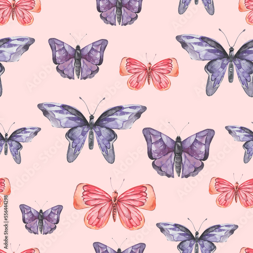 Watercolor vintage colorful butterflies seamless pattern, natural butterfly texture on pink © depiano