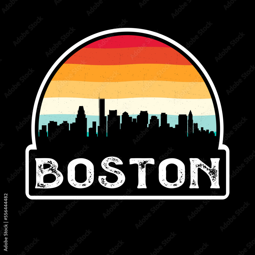Boston Massachusetts USA Skyline Silhouette Retro Vintage Sunset Boston Lover Travel Souvenir Sticker Vector Illustration SVG EPS