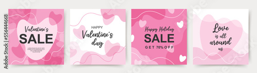 Valentine's day holidays square pink templates. Social media post with hearts. Sales promotion on Valentine's Day. Vector illustration for greeting cards, mobile apps, banner design and web ads