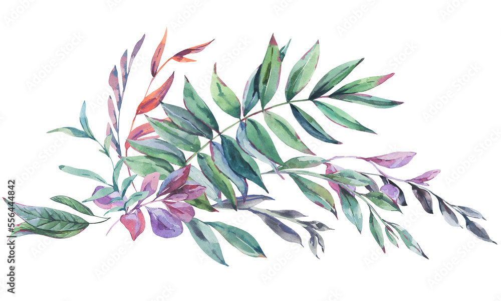 Watercolor vintage tropical leaves greeting card, botanical floral summer summer illustration on white