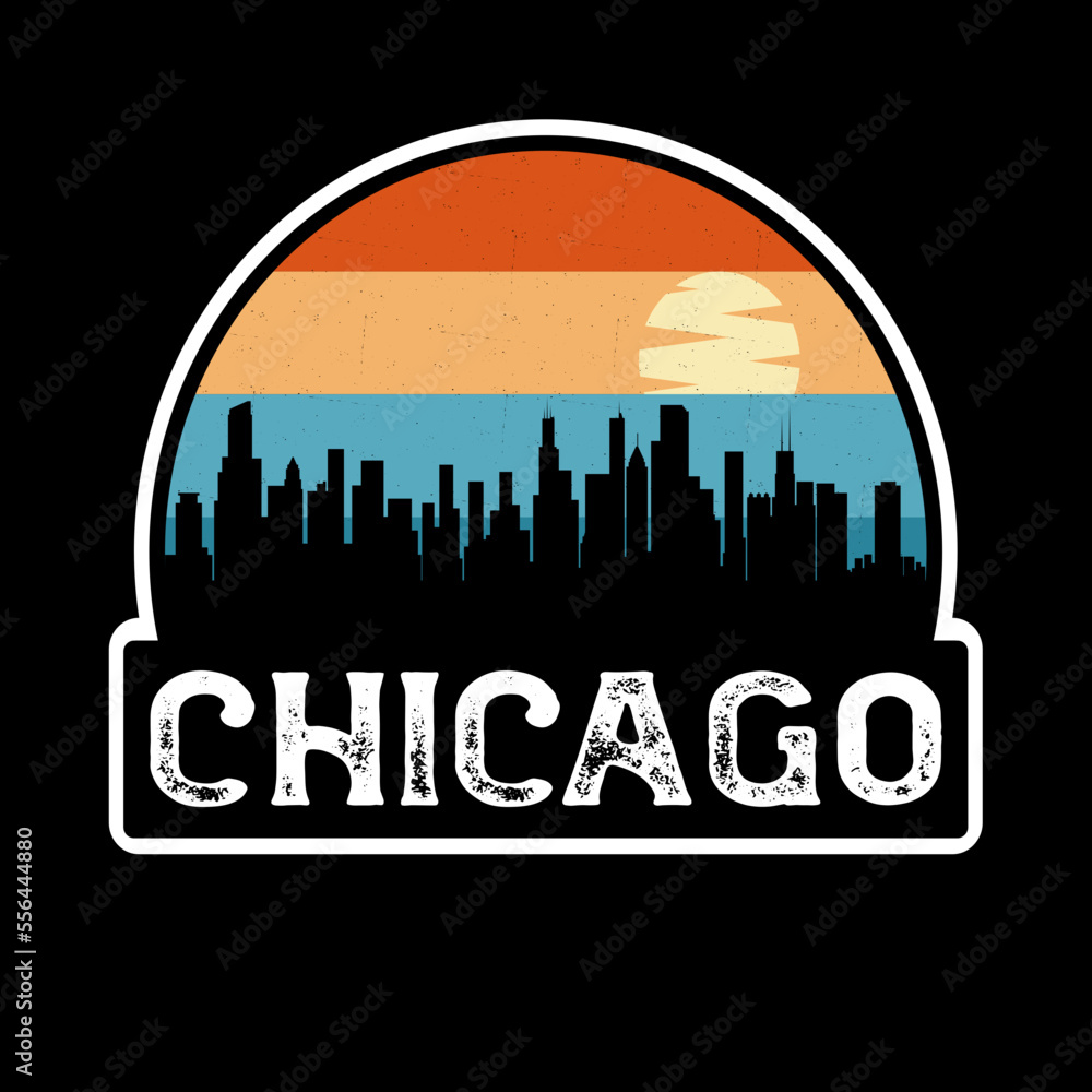 Chicago Illinois USA Skyline Silhouette Retro Vintage Sunset Chicago Lover Travel Souvenir Sticker Vector Illustration SVG EPS