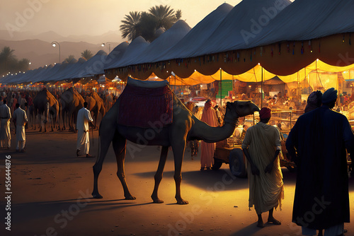 Generative AI : Camels against Golden light of the Sunrise at Pushkar Camel Fair/mela in Rajasthan, India
 photo