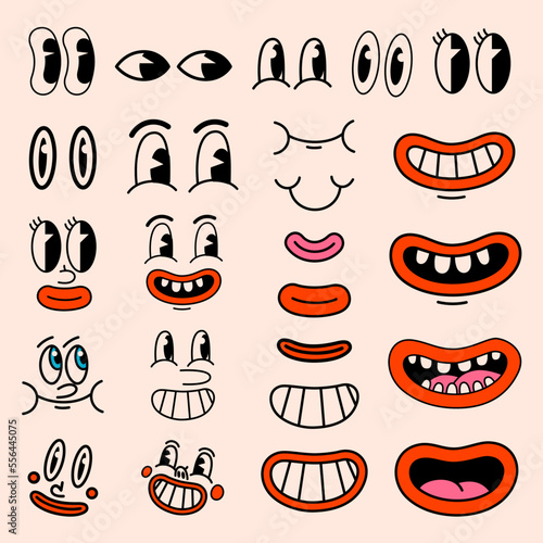 Retro cartoon characters funny faces. Vintage 50s, 60s comic eyes and mouths elements. Smiley vector faces with funny emotions.