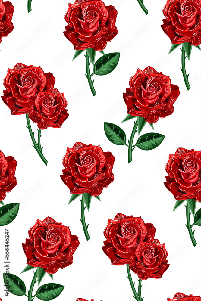 Seamless pattern of red flowers roses and leaves. Flowwer pattern. Rose. White background. Seamless pattern of red flowers roses and leaves. Flowwer pattern. Rose. White background.