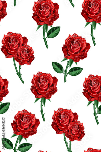Seamless pattern of red flowers roses and leaves. Flowwer pattern. Rose. White background. © Кристина Барсукова