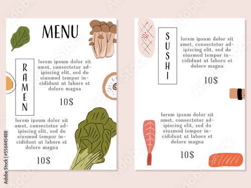 Sushi bar menu template. Asian food menu design with colorful sushi and ramen ingredients. Vector